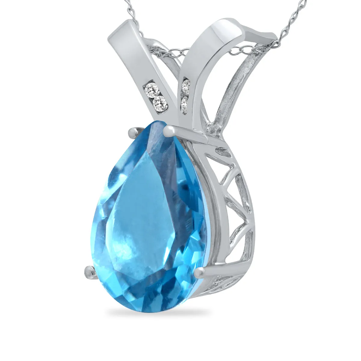 10 1/4 Carat Pear Shaped Blue Topaz & Diamond Pendant In 10K White Gold