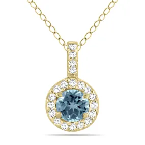 1/2 Carat Tw Halo Aquamarine And Diamond Pendant In 10K Yellow Gold