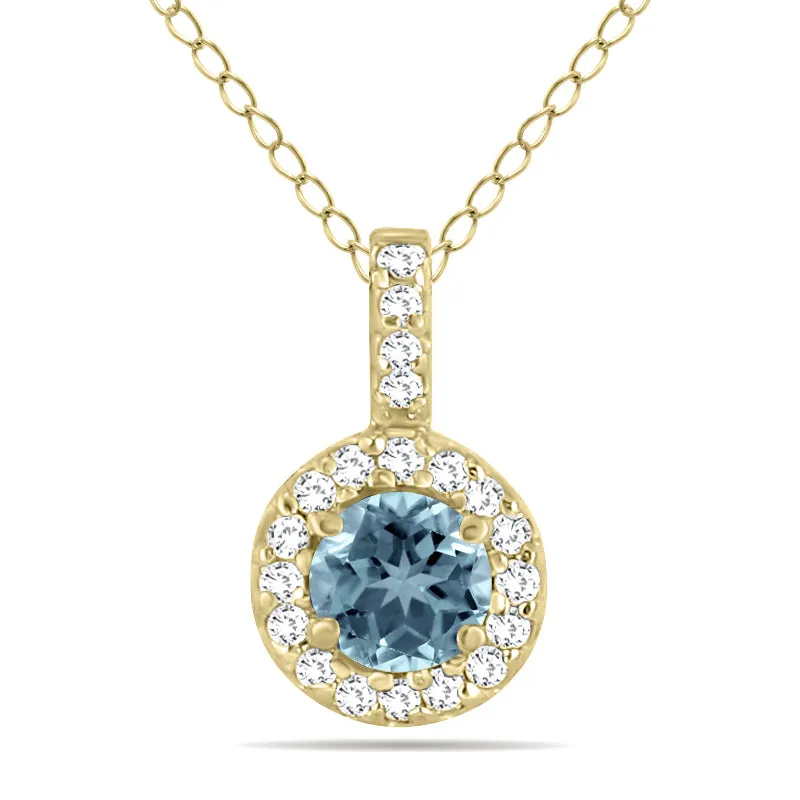 1/2 Carat Tw Halo Aquamarine And Diamond Pendant In 10K Yellow Gold