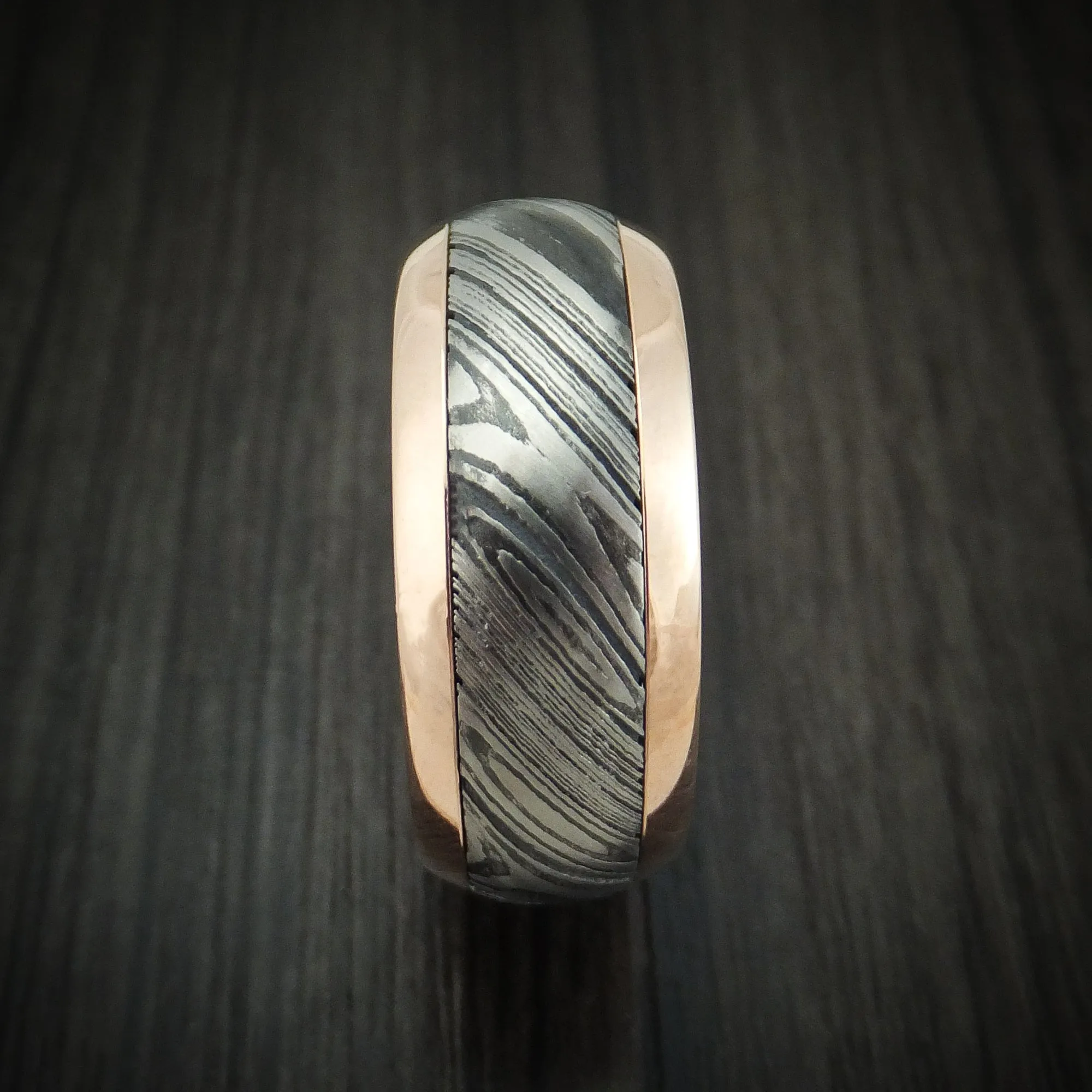 14K Gold Men's Ring with Kuro Damascus Steel Inlay Custom Made Band