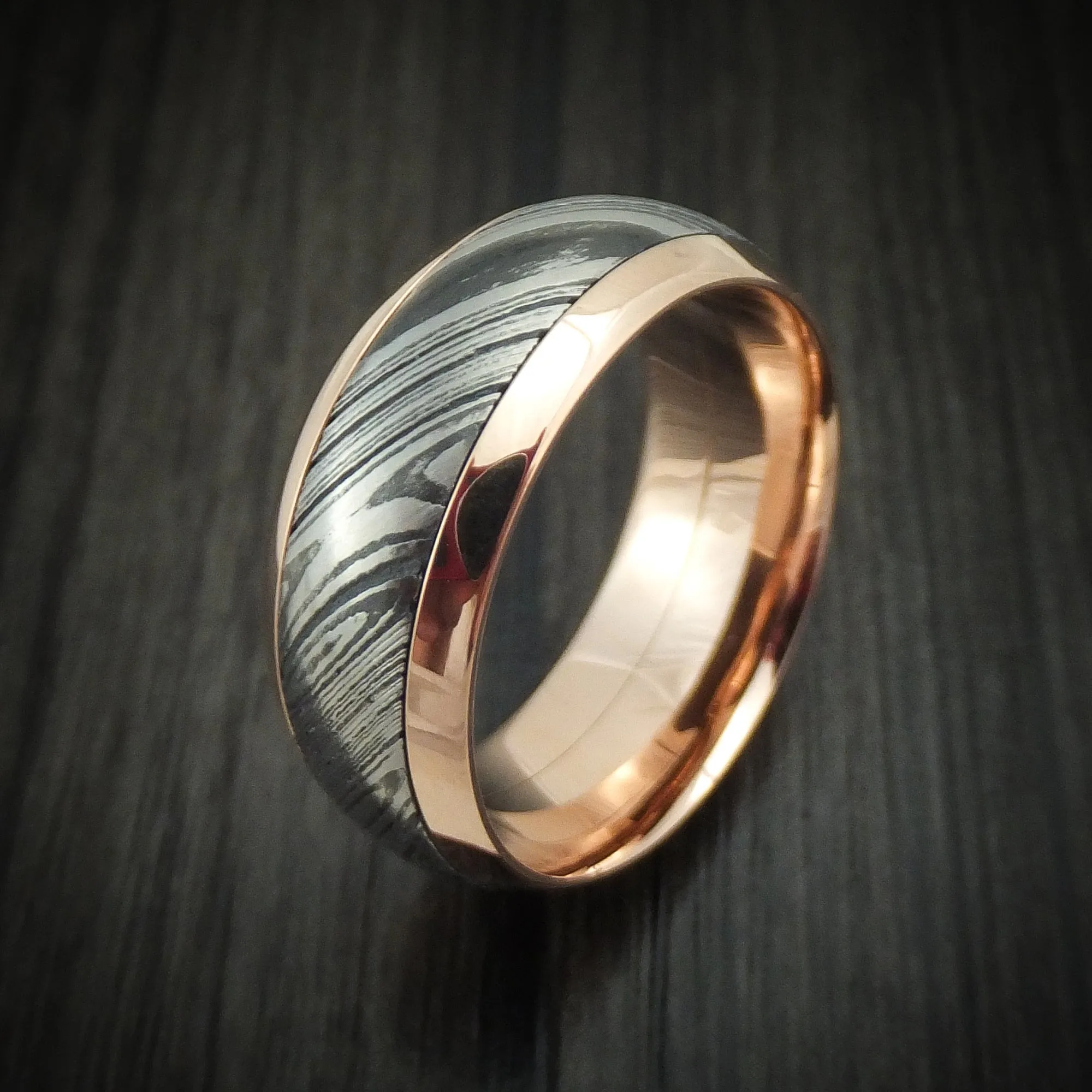 14K Gold Men's Ring with Kuro Damascus Steel Inlay Custom Made Band