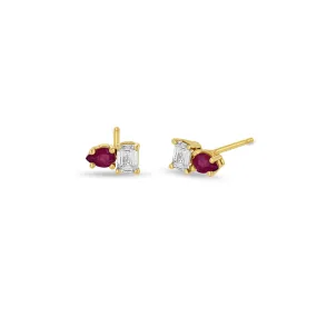 14k Pear Ruby & Emerald Cut Diamond Studs