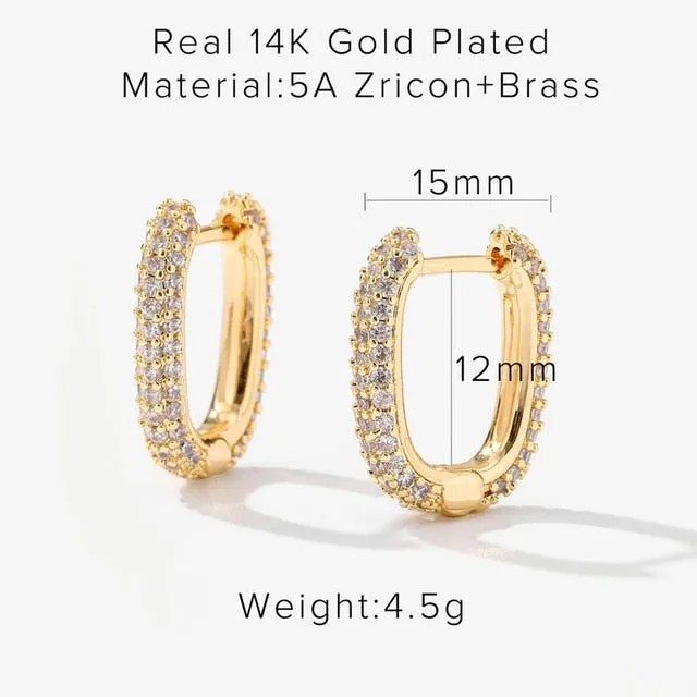 14K Real Gold Plated Brass Cuff Stud Earrings Heart square Shiny Full Zircon Diamond Hoop Earrings