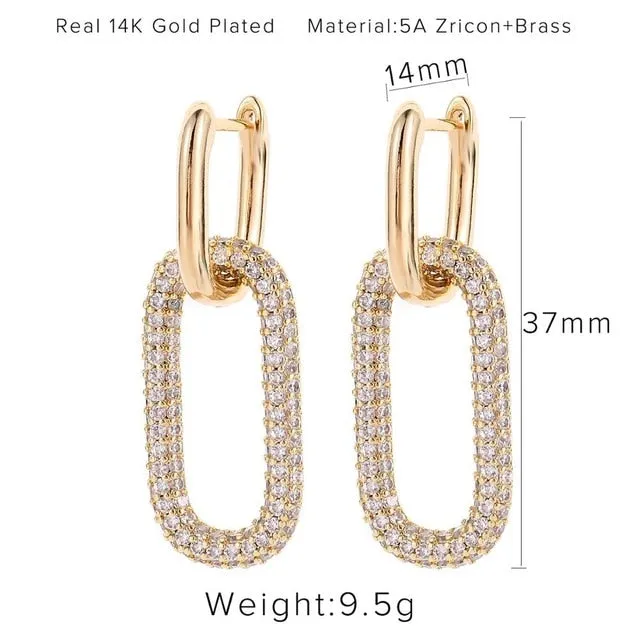 14K Real Gold Plated Brass Cuff Stud Earrings Heart square Shiny Full Zircon Diamond Hoop Earrings