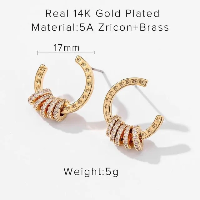 14K Real Gold Plated Brass Cuff Stud Earrings Heart square Shiny Full Zircon Diamond Hoop Earrings