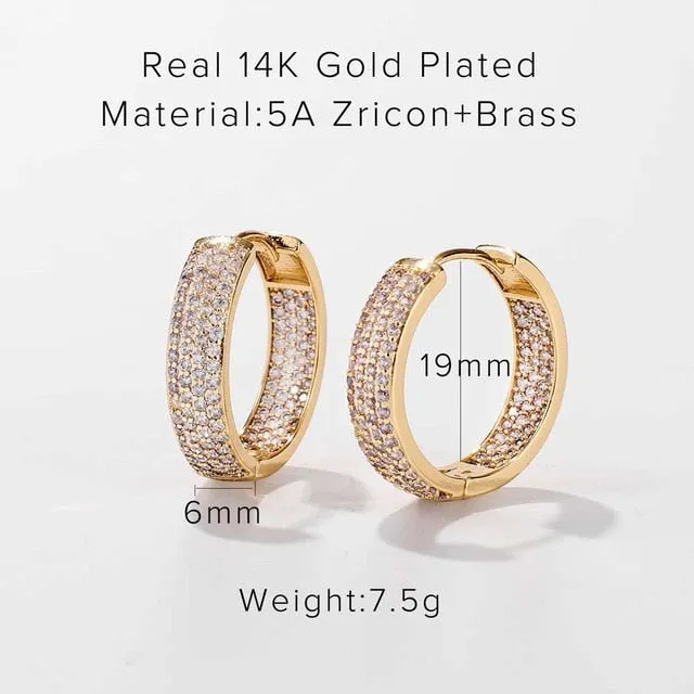 14K Real Gold Plated Brass Cuff Stud Earrings Heart square Shiny Full Zircon Diamond Hoop Earrings