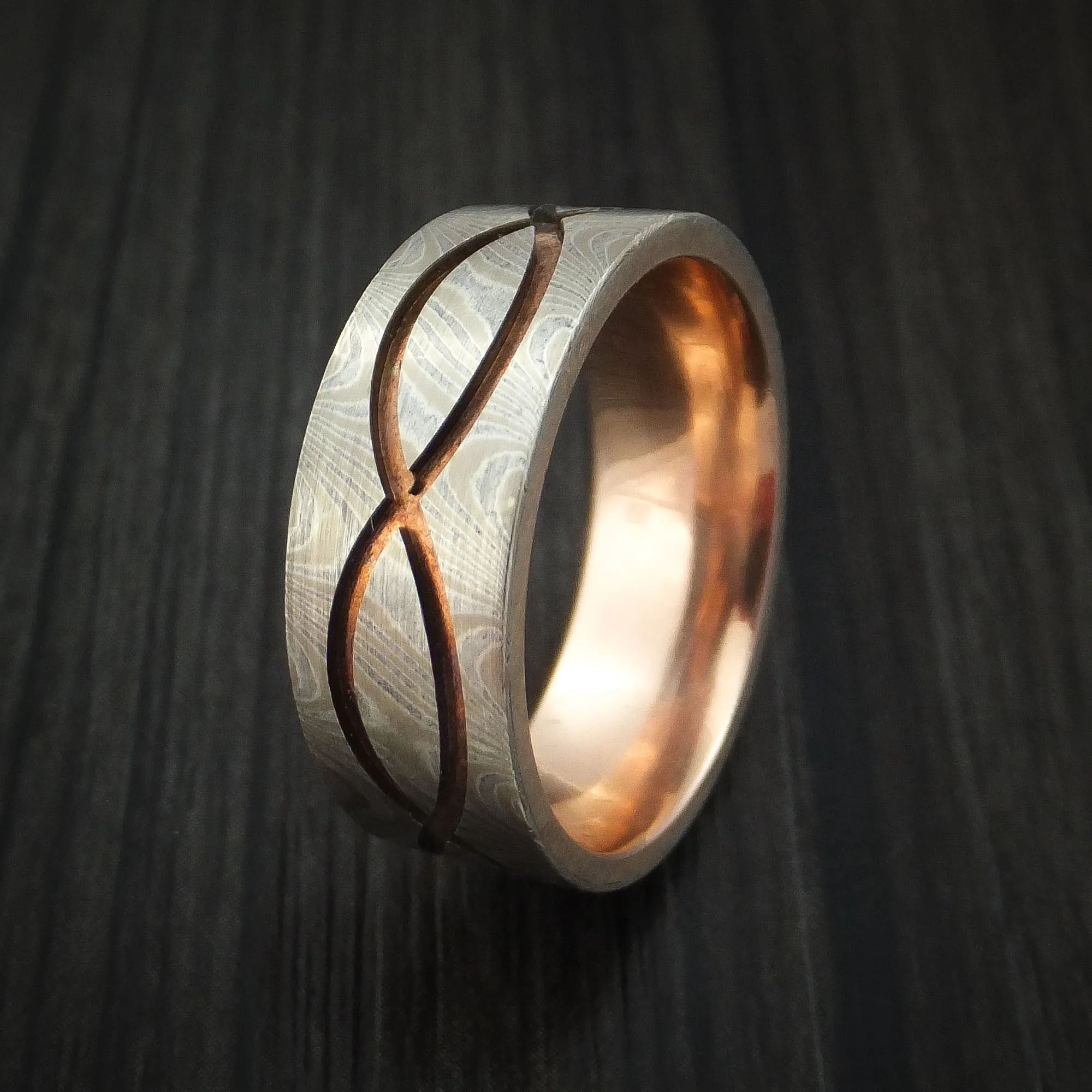 14k White Gold and Silver Mokume Gane Infinity Men's Ring with Rose Gold Sleeve Custom Made Band