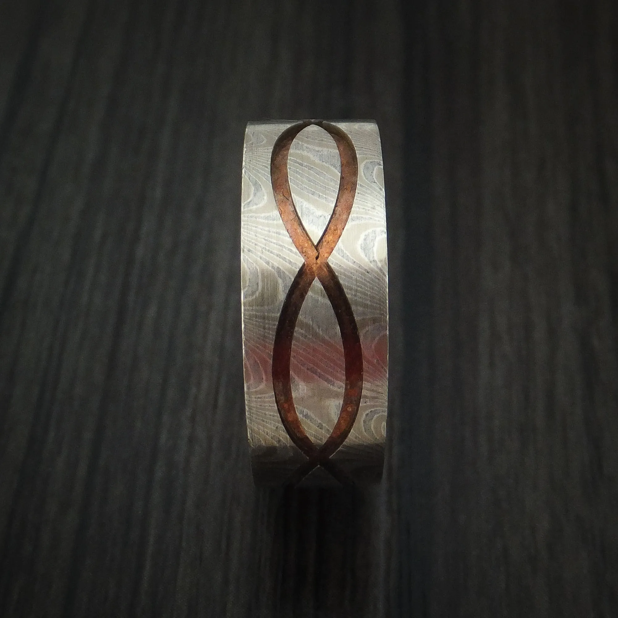 14k White Gold and Silver Mokume Gane Infinity Men's Ring with Rose Gold Sleeve Custom Made Band