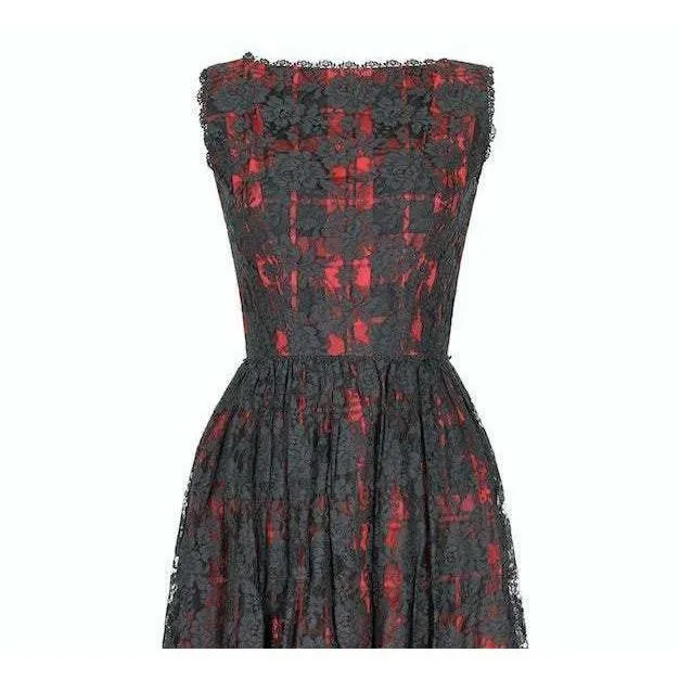 1960s Lang Originals Black and Red Lace and Plaid Print Dress