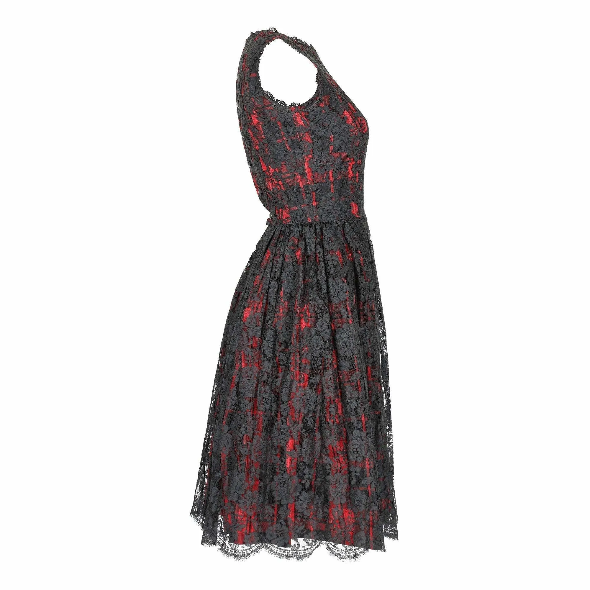 1960s Lang Originals Black and Red Lace and Plaid Print Dress