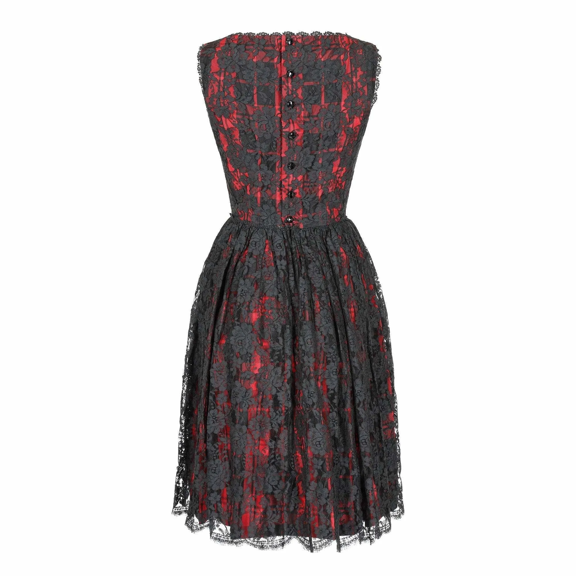 1960s Lang Originals Black and Red Lace and Plaid Print Dress