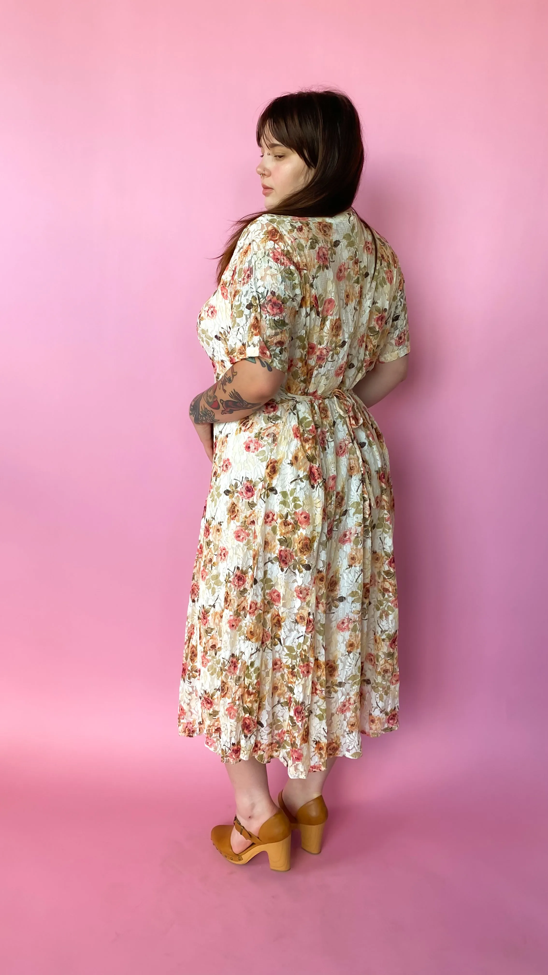 1990s Cream Lace Floral Maxi Dress, sz. 2XL