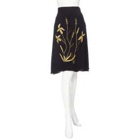 1998 Black Silk Gold Embroidered Floral A-Line Skirt