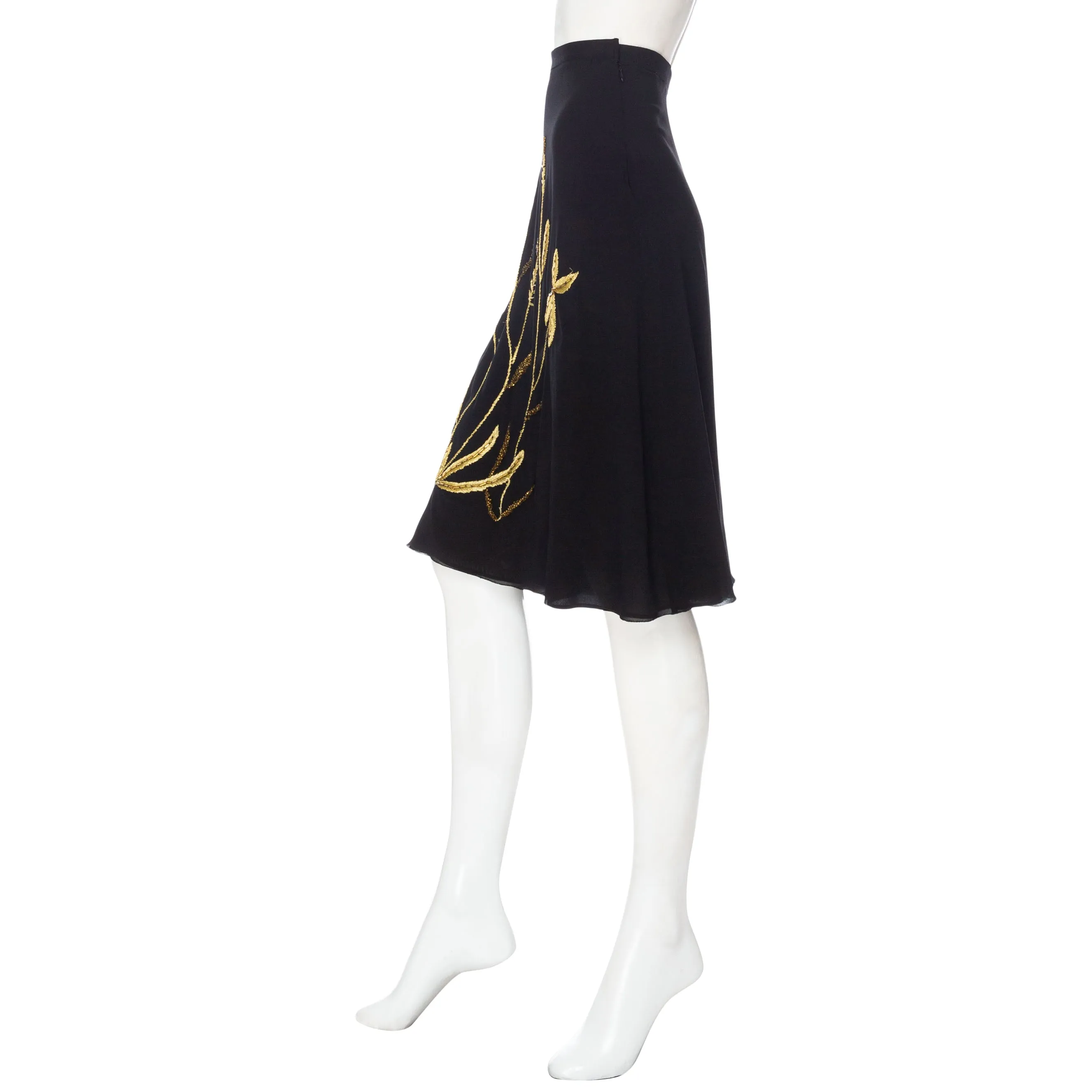 1998 Black Silk Gold Embroidered Floral A-Line Skirt