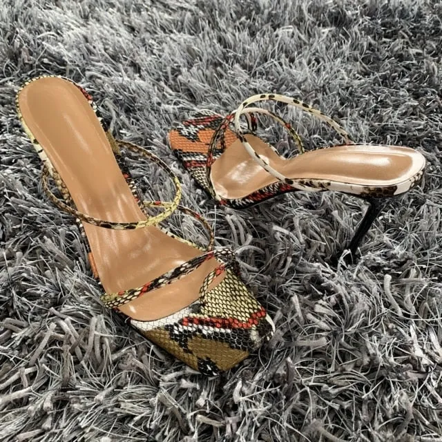 2022 Summer Pumps Sexy snake print Slippers Sandals Shoes Women Thin High Heels Square Toe Sandal Lady Pump Shoes Mules