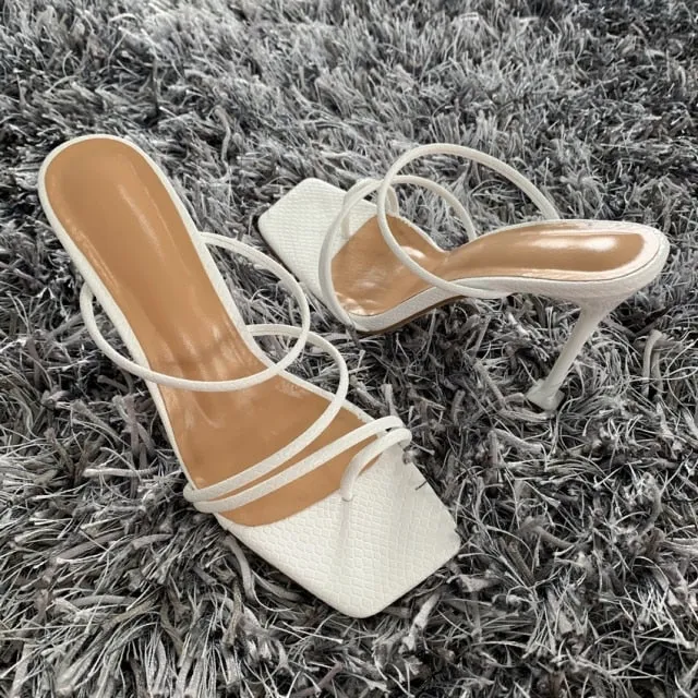 2022 Summer Pumps Sexy snake print Slippers Sandals Shoes Women Thin High Heels Square Toe Sandal Lady Pump Shoes Mules