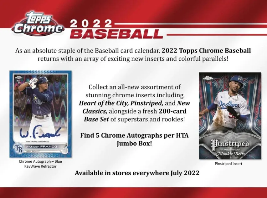 2022 Topps Chrome Baseball Hobby Jumbo Box 12 Packs Per Box, 12 Cards Per Pack