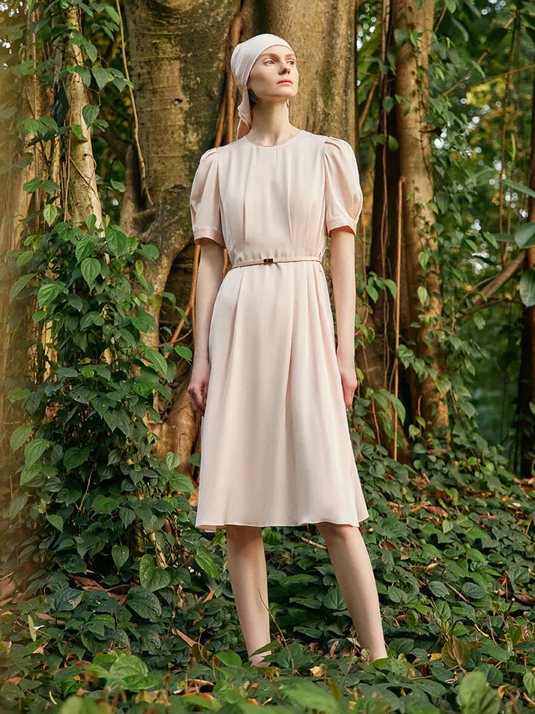 22 Momme Mulberry Silk Women Midi Dress With Leather Belt