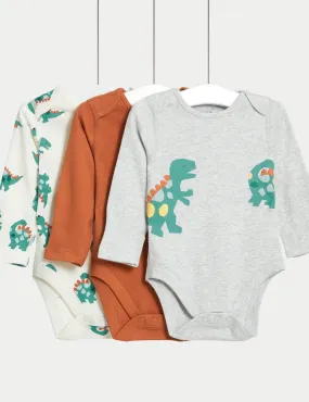 3pk Pure Cotton Dinosaur Bodysuits