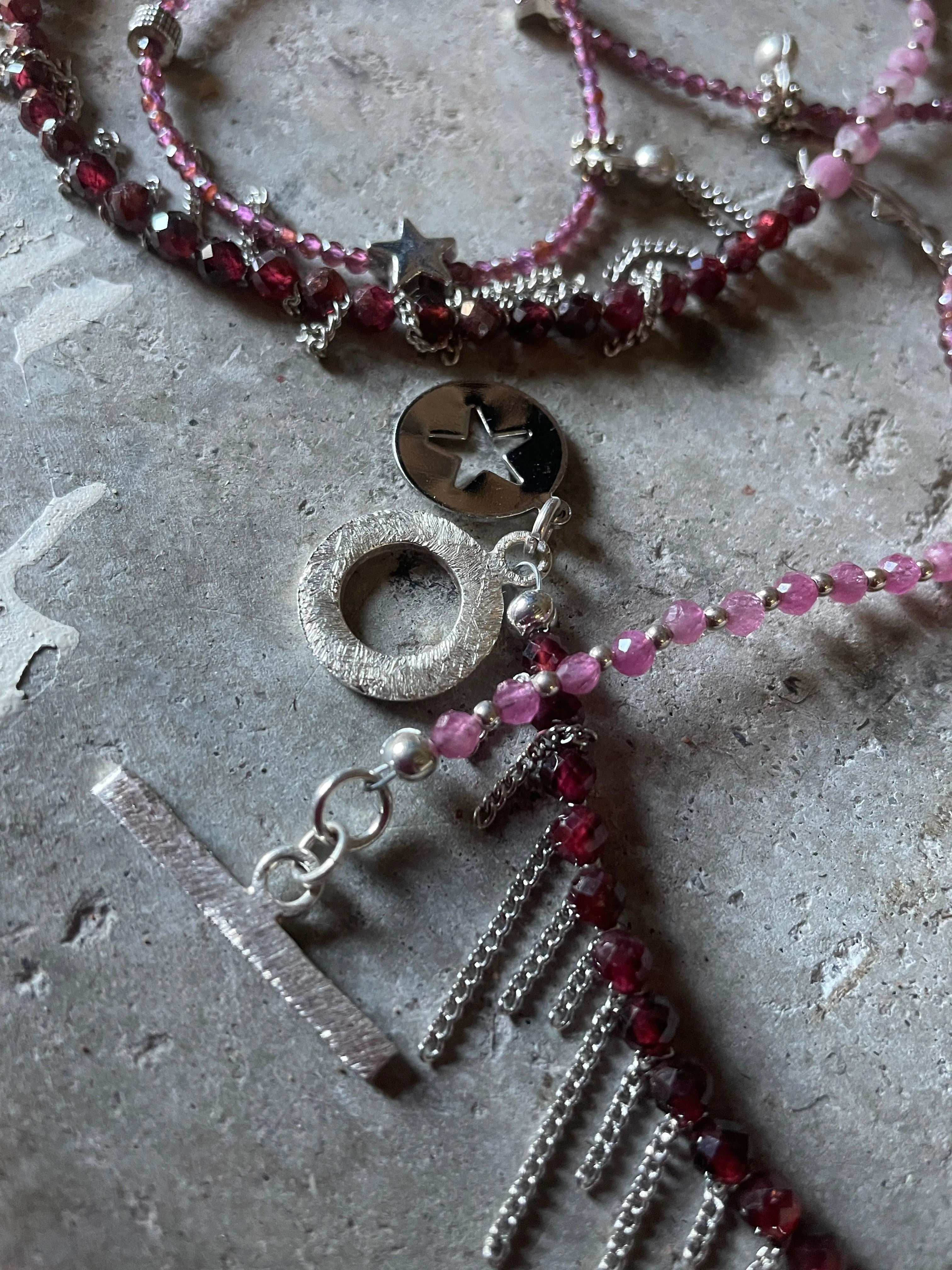 52" versatile necklace of semi precious stones  garnet & tourmaline, oxidized chain and Stars