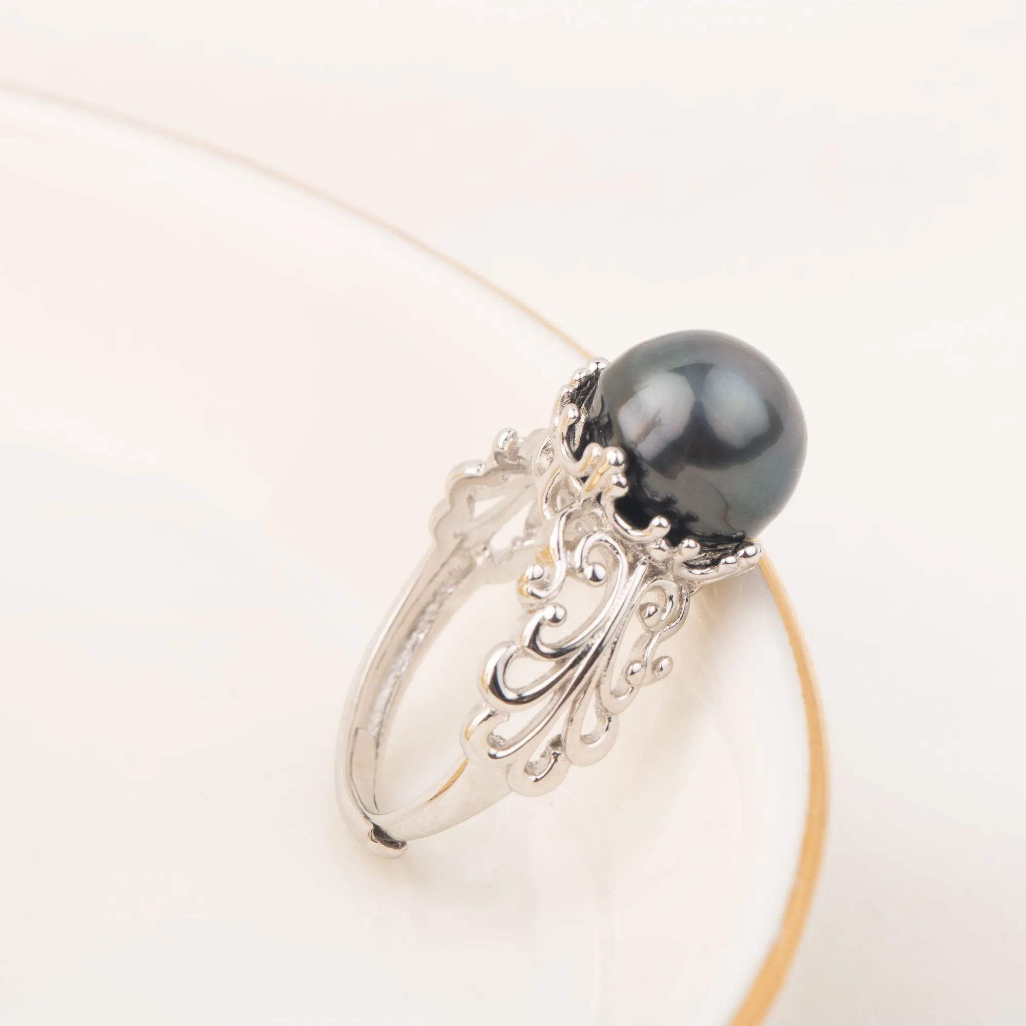 925 Silver  tahiti Pearl ring Hawaiian black pearl Jewelry Findings  Adjustable size engagement jewelry ring for women