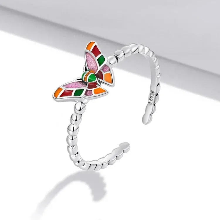 925 Sterling Silver Colorful Butterfly Pattern Adjustable Ring for Women