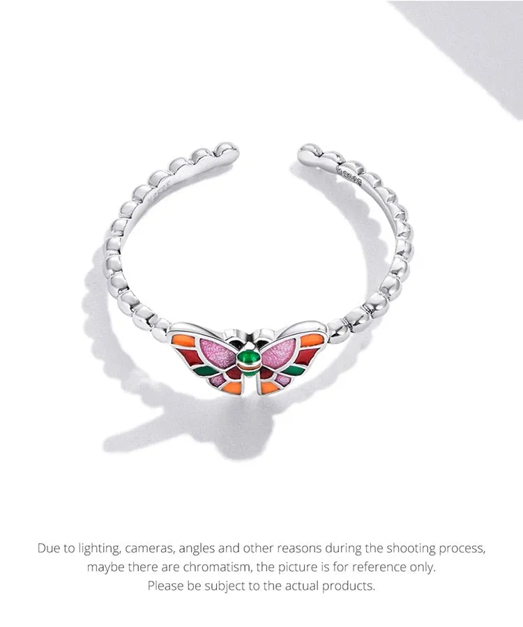 925 Sterling Silver Colorful Butterfly Pattern Adjustable Ring for Women