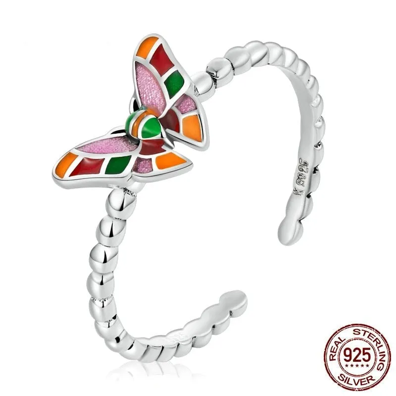 925 Sterling Silver Colorful Butterfly Pattern Adjustable Ring for Women