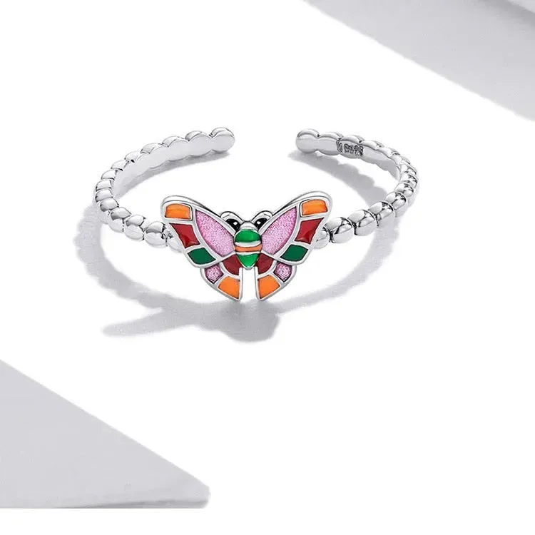 925 Sterling Silver Colorful Butterfly Pattern Adjustable Ring for Women