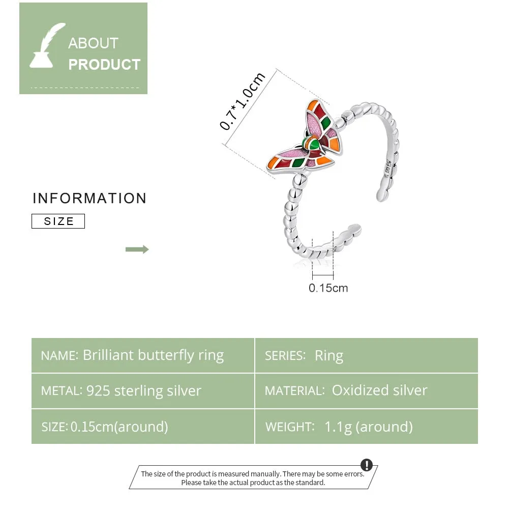 925 Sterling Silver Colorful Butterfly Pattern Adjustable Ring for Women