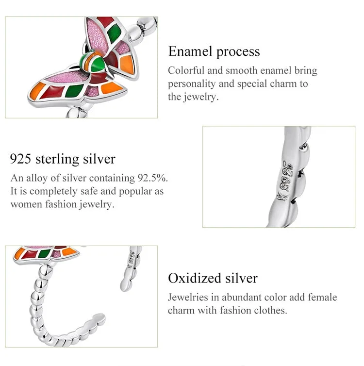 925 Sterling Silver Colorful Butterfly Pattern Adjustable Ring for Women