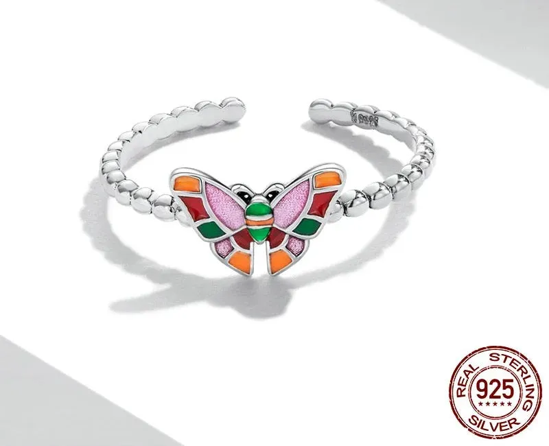 925 Sterling Silver Colorful Butterfly Pattern Adjustable Ring for Women