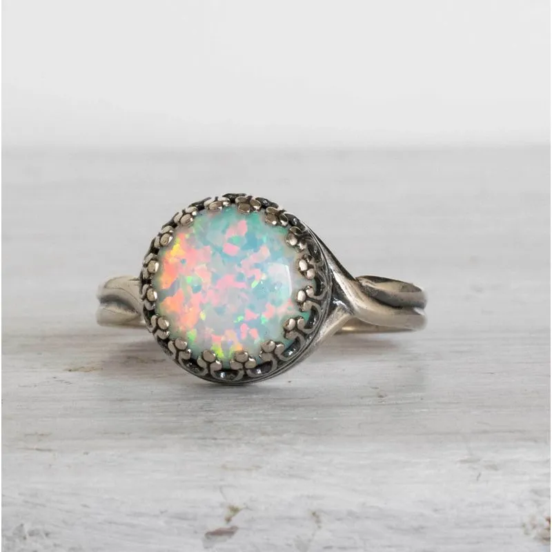 925 Sterling Silver Round White Opal 10mm Ring