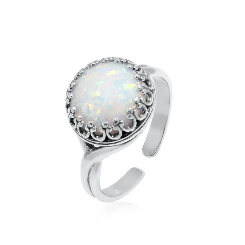 925 Sterling Silver Round White Opal 10mm Ring