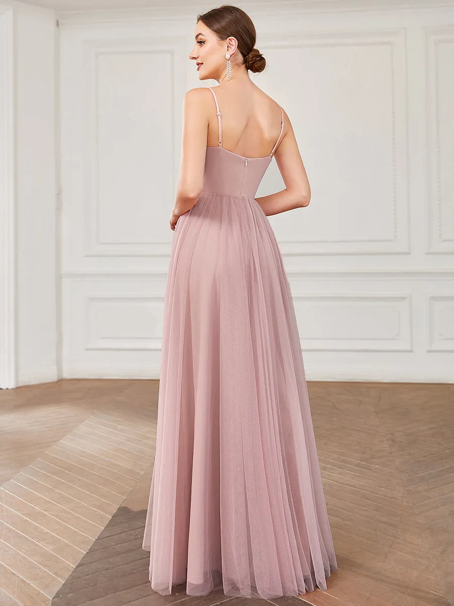 A Line Deep V Neck Spaghetti Straps Wholesale Bridesmaid Dresses