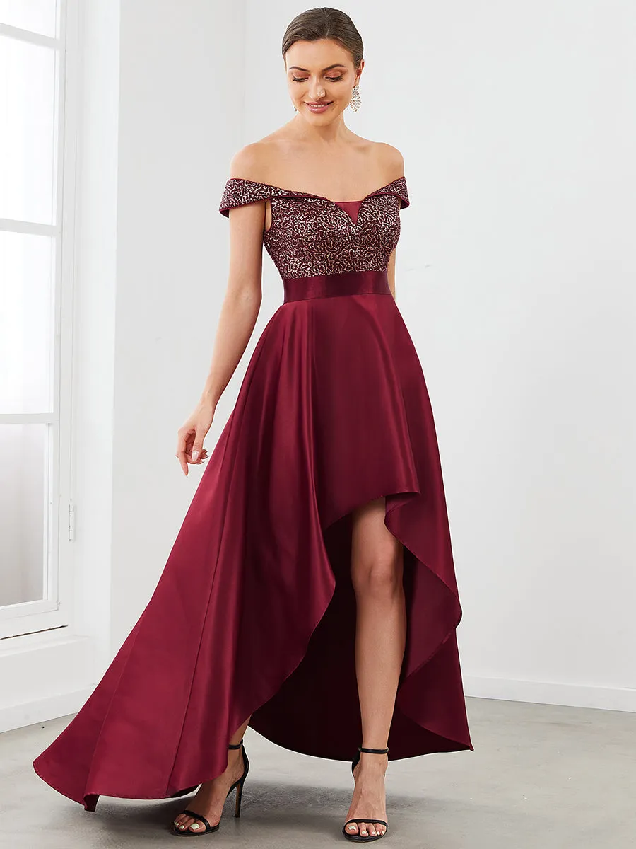 A Line Off Shoulder Wholesale Evening Dresses with Asymmetrical Hem