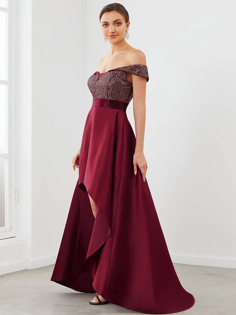 A Line Off Shoulder Wholesale Evening Dresses with Asymmetrical Hem