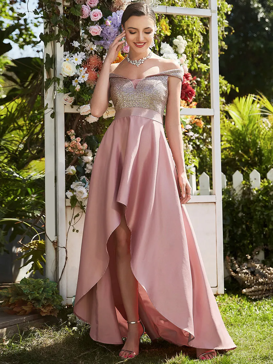 A Line Off Shoulder Wholesale Evening Dresses with Asymmetrical Hem