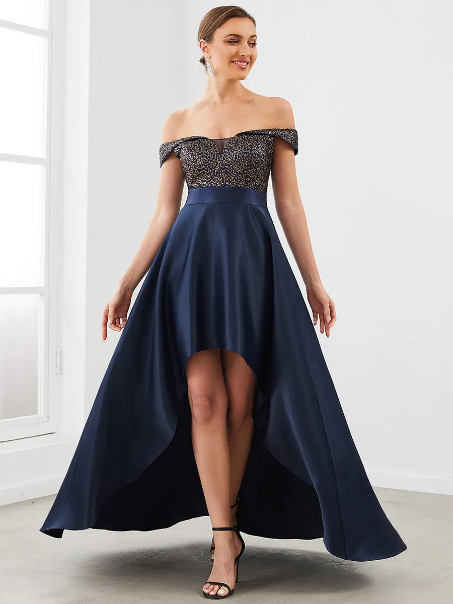 A Line Off Shoulder Wholesale Evening Dresses with Asymmetrical Hem