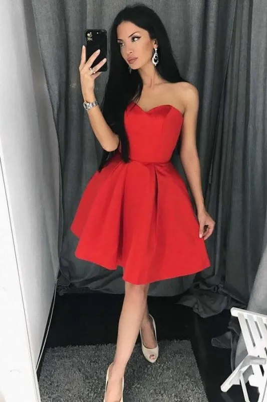 A Line Red Sweetheart Homecoming Dress Simple Strapless Junior Prom Dresses