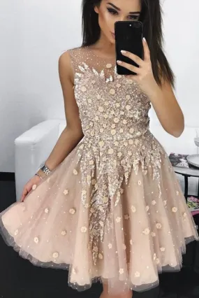 A Line Round Neck Tulle Beading Homecoming Dresses Applique Short Graduation Dress