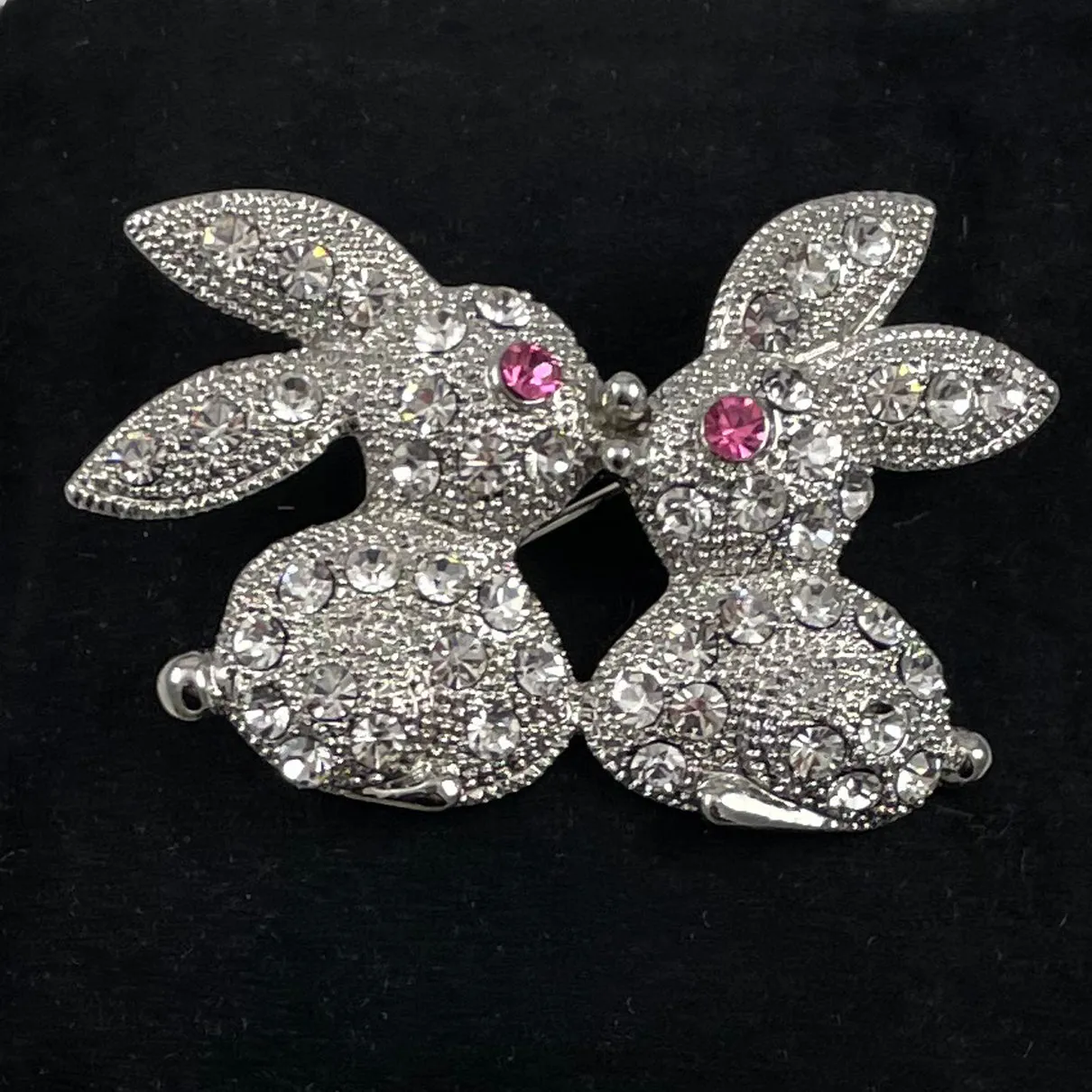 Adorable Rhinestone Bunnies Brooch Vintage