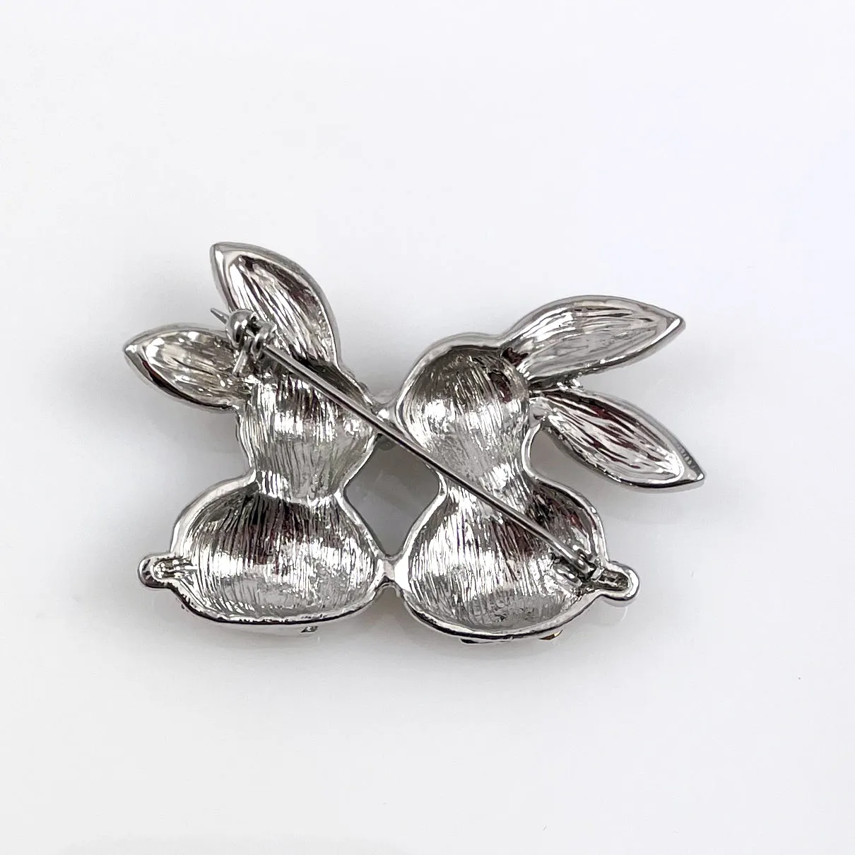 Adorable Rhinestone Bunnies Brooch Vintage