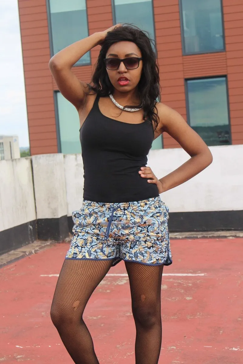 African Print Shorts in Blue Gold Ankara Print - Festival Shorts