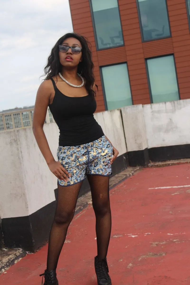 African Print Shorts in Blue Gold Ankara Print - Festival Shorts