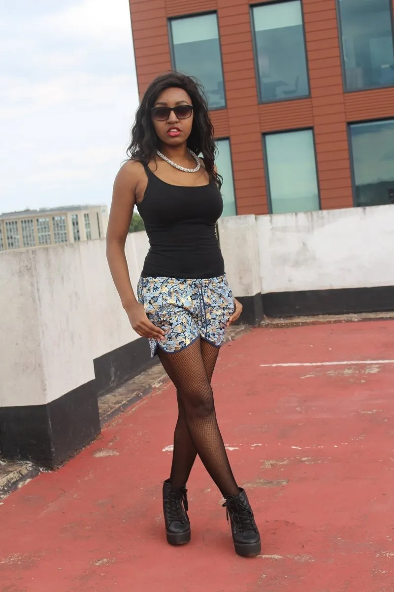 African Print Shorts in Blue Gold Ankara Print - Festival Shorts