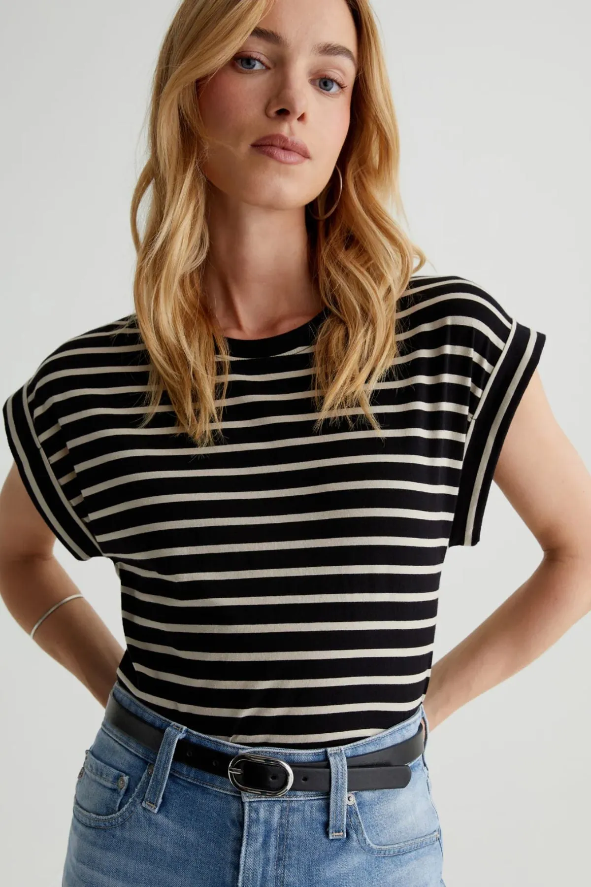 AG Denim Rowan Striped Rolled Sleeve T-Shirt - Coastal Stripe True Black/ Flax