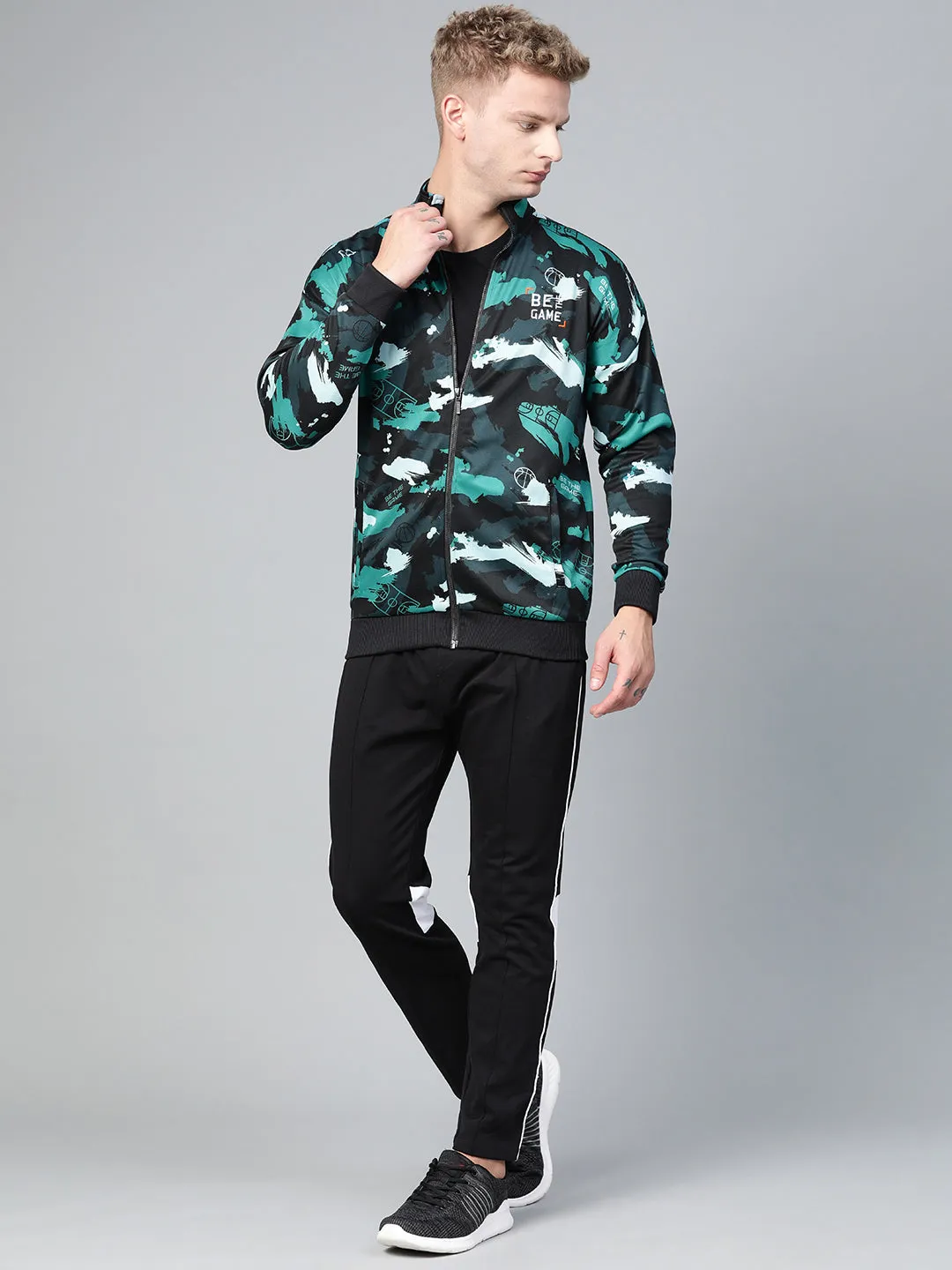 Alcis Men Black Blue Abstract Print Bomber Jacket