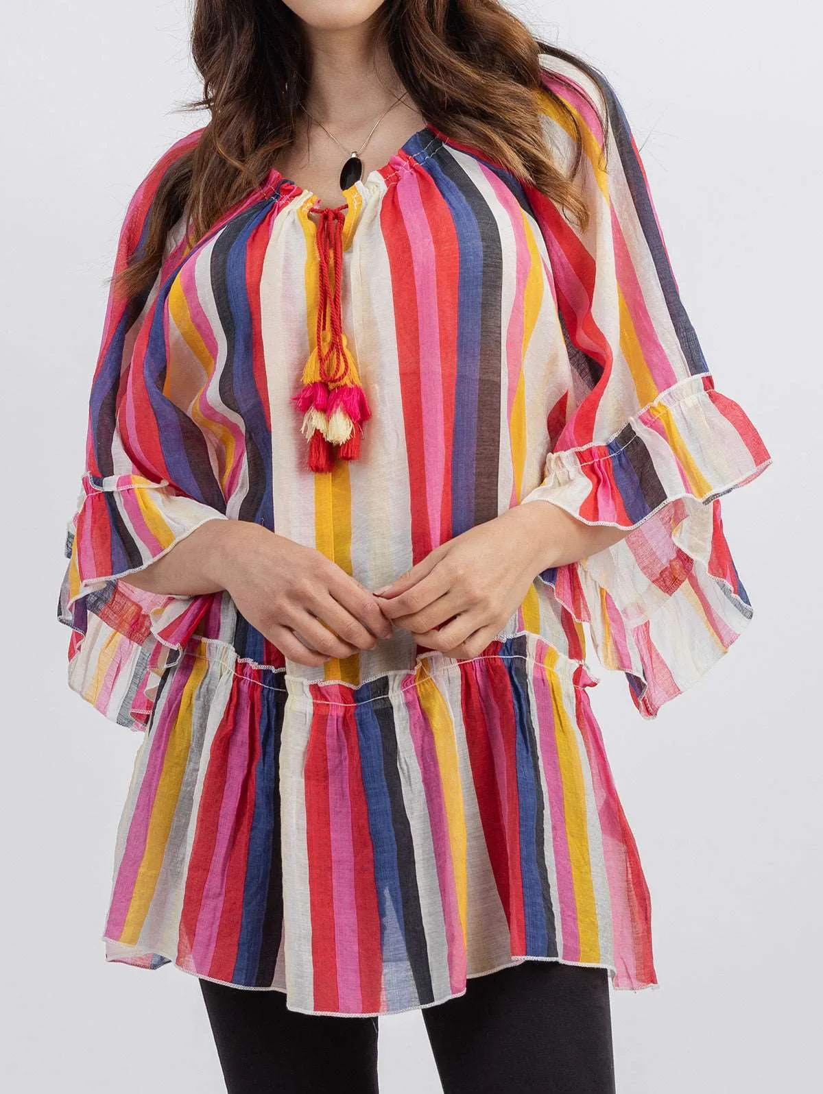 American Bling Women's Multicolored Stripe Print Tiered Shirt