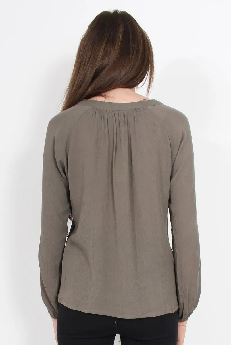 Andrea Grey Long Sleeve Tie Top